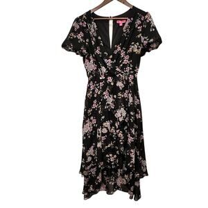 Betsey Johnson Retro V-Neck Floral High Low Dress Size 6 Bold Vintage Chic Party